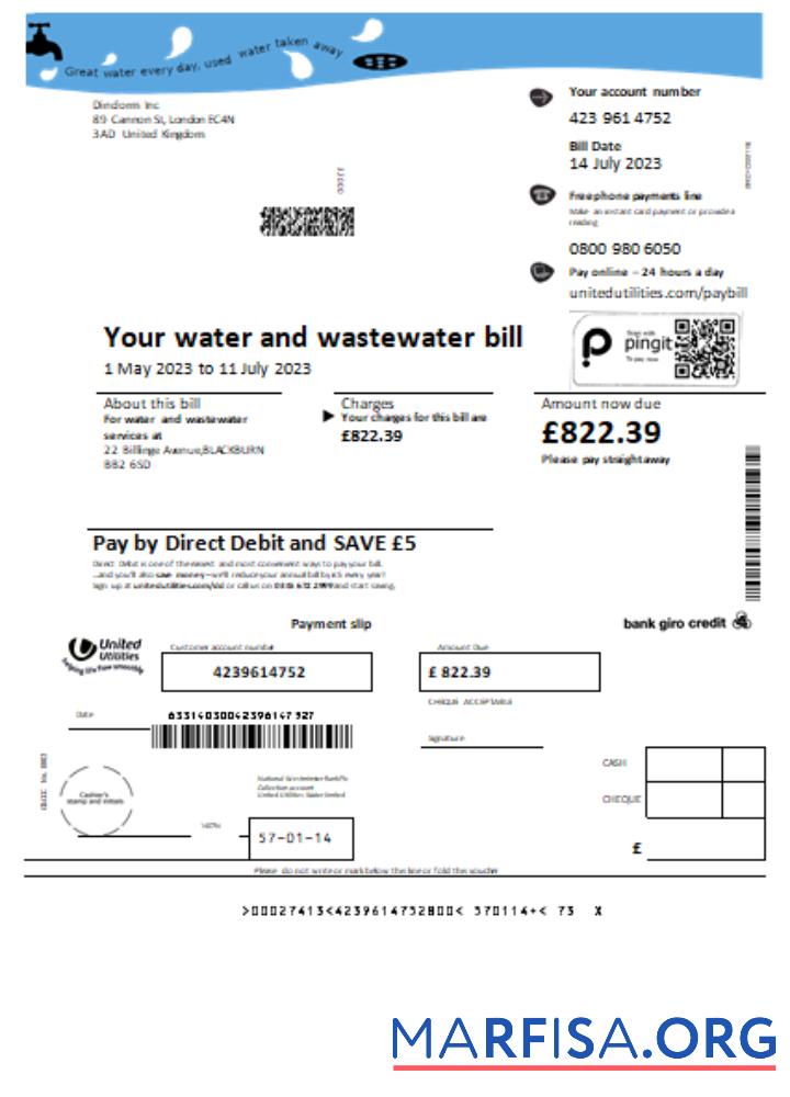 Printable United Utilities water utility business bill, SCR template